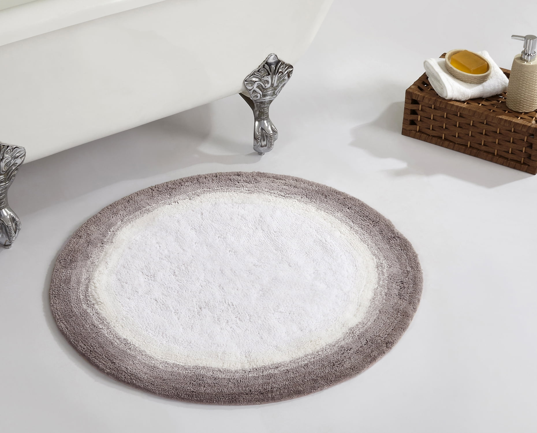 Beige and White Round Cotton Bath Rug
