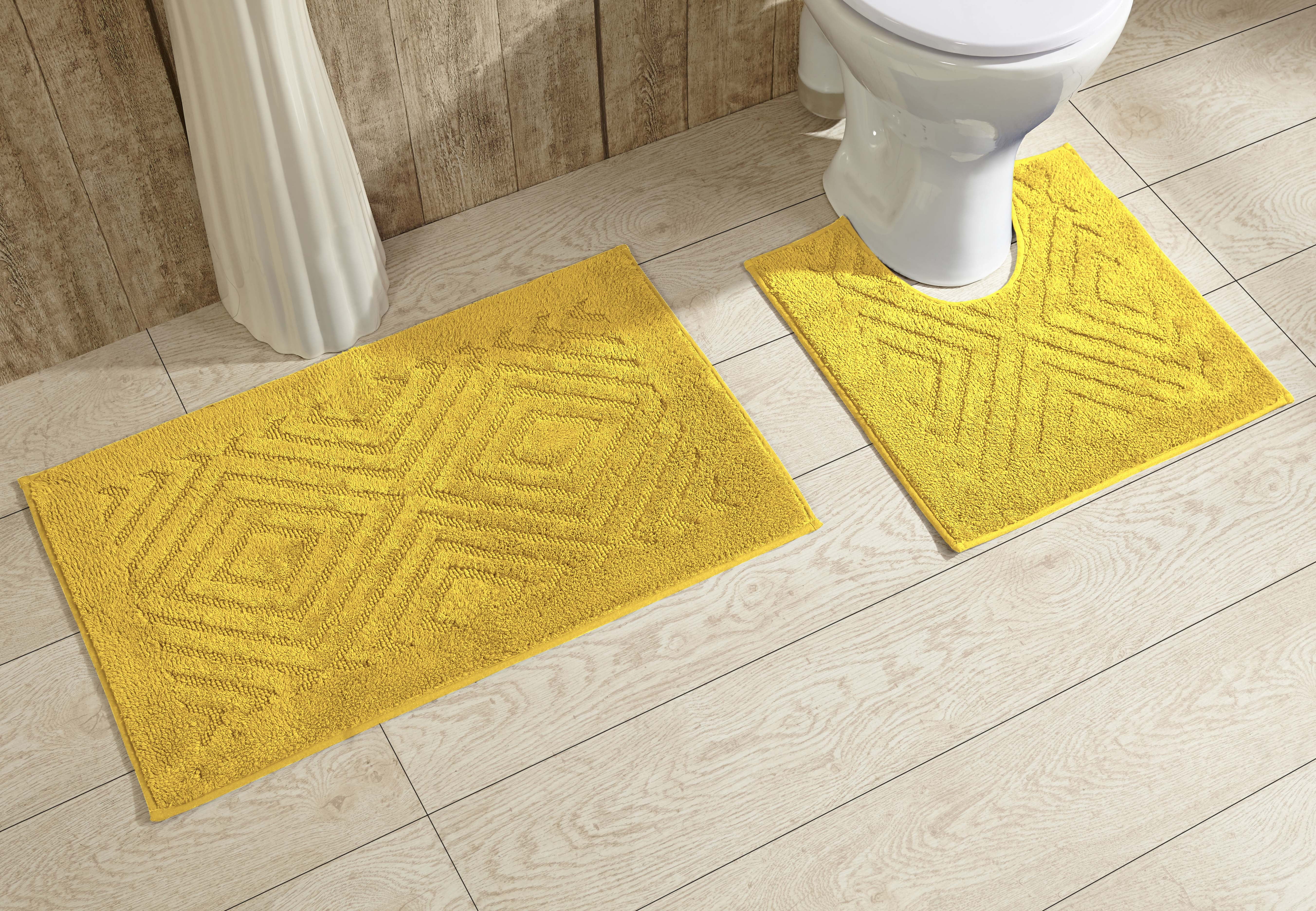 Yellow Diamond Pattern Cotton Bath Rug Set with Non-Slip Backing