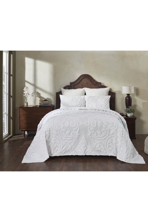 3 Piece King Bedspread Set 100% Cotton Tufted Floral Vineyard Pattern Soft & Luxurious Feel, Machine Washable (White) Rylee Collection