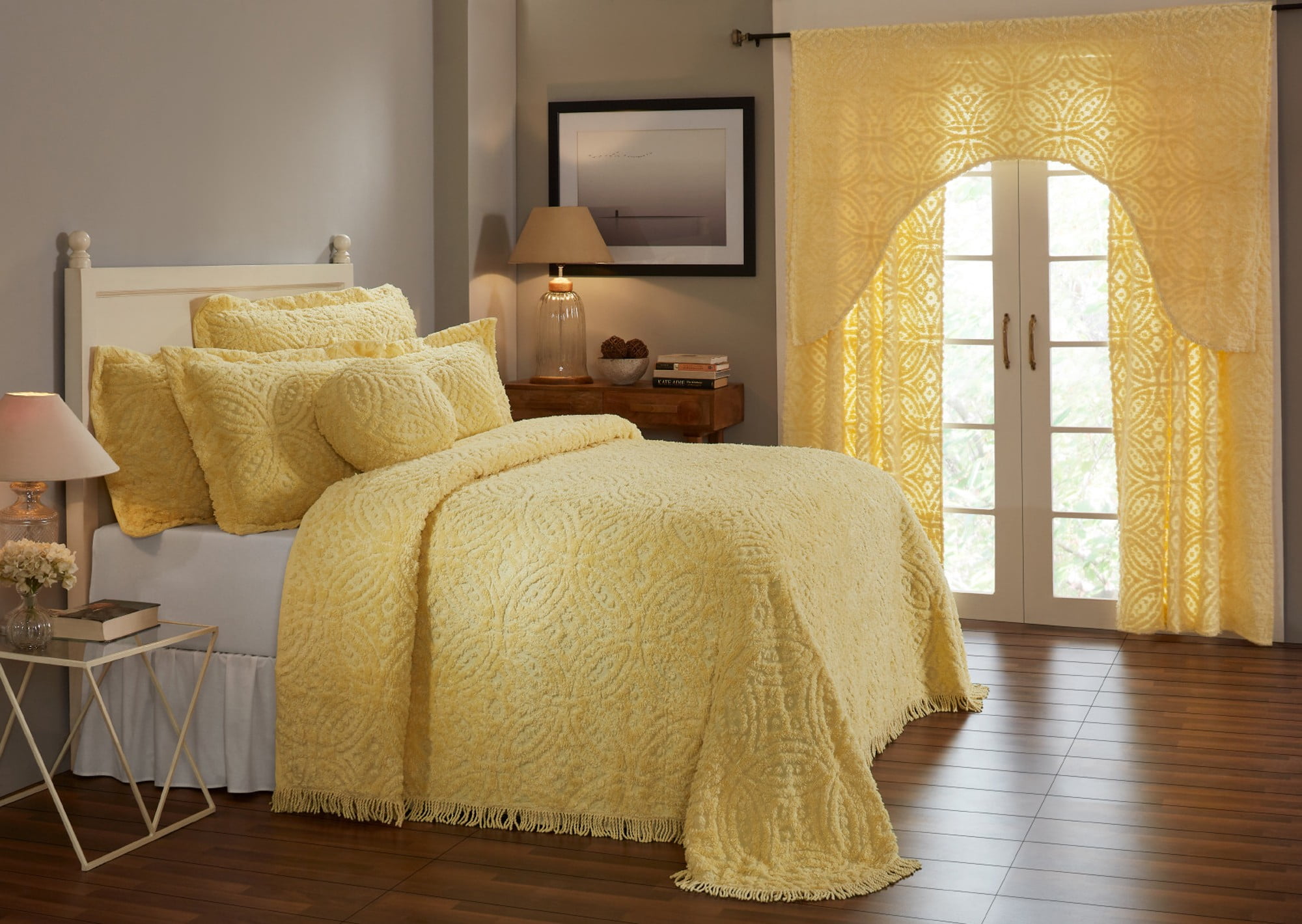 Yellow Cotton Full Bedspread Set with Textured Accent