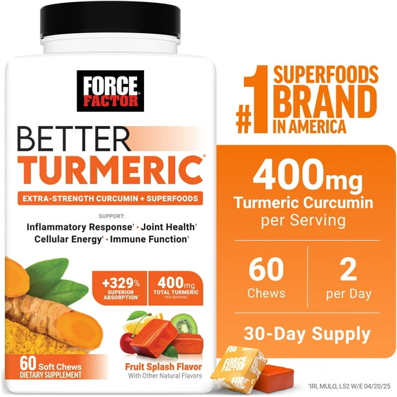 Force Factor Better Turmeric, Turmeric Curcumin Supplement with Ginger for Joint Health & Inflammation Support, Fruit Splash, 60 Soft Chews
