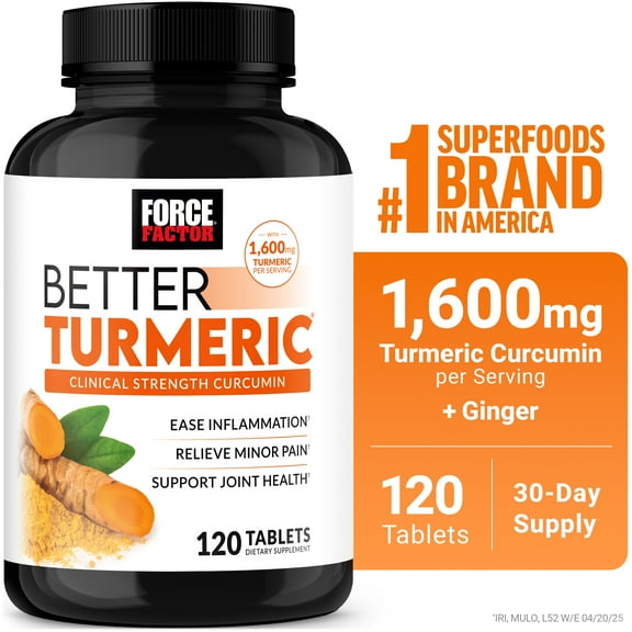 Force Factor Better Turmeric, 1600mg Turmeric Curcumin Supplement with Ginger for Joint Health & Inflammation Support, Clinical Strength, 120 Tablets