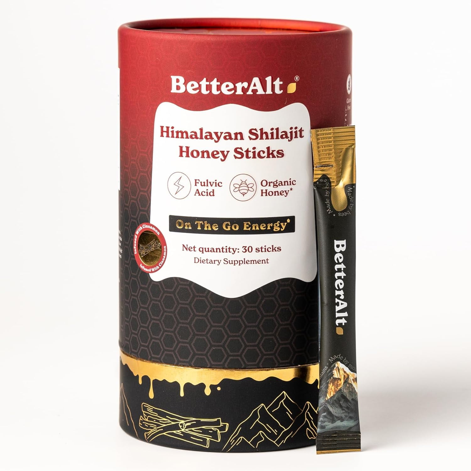 Better Alt Pure Himalayan Shilajit Cinnamon Honey Sticks with Organic Honey | Easy to Consume Shilajit| 30 Sticks for Energy Boost & Immune Support, 85+ Trace Minerals, 75%+ Fulvic Acid