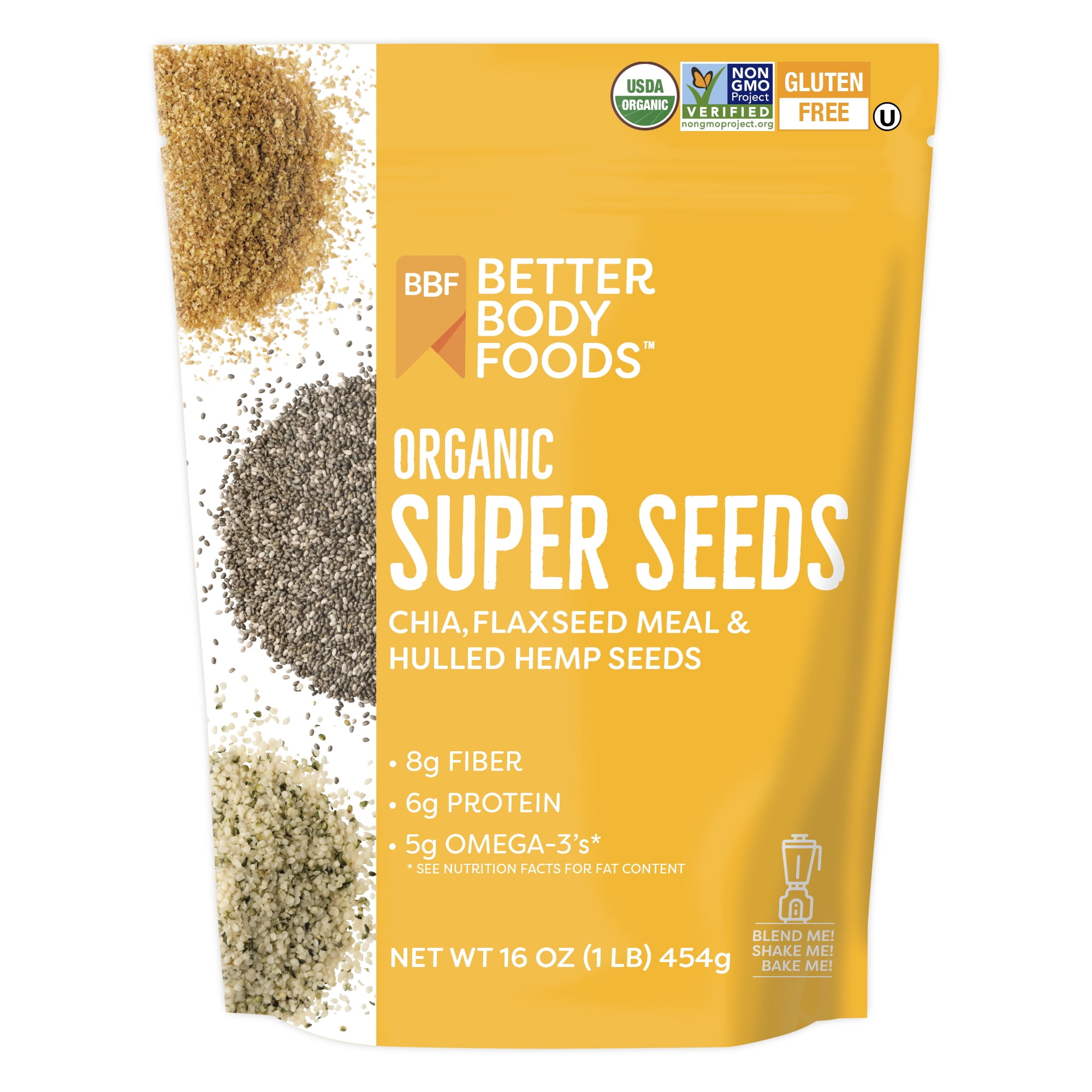 BetterBody Foods Organic Super Seeds, Chia Seeds, Flaxseed Meal, & Hemp  Hearts, 16 oz 