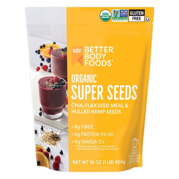 BetterBody Foods Organic Super Seeds, Chia Seeds, Flaxseed Meal, & Hemp Seeds, 16 oz