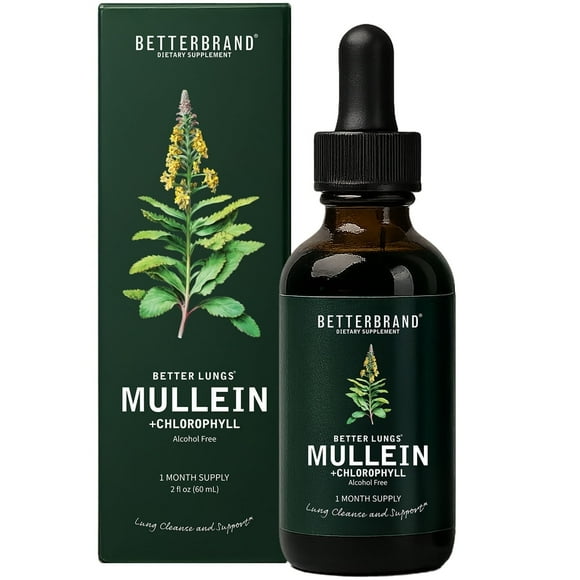 Betterbrand Mullein Drops for Lungs – Mullein Leaf Extract with Chlorophyll for Lung Cleanse & Detox – Supports Clear Lungs & Respiratory Health – All Natural Tincture, 1 Month Supply