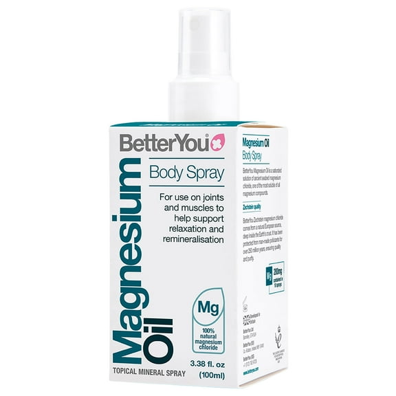 BetterYou Magnesium Oil Body Spray - Pure Magnesium Chloride Muscle And Joint Spray - Relaxing Topical Magnesium Source - For All Ages - 3.38 oz