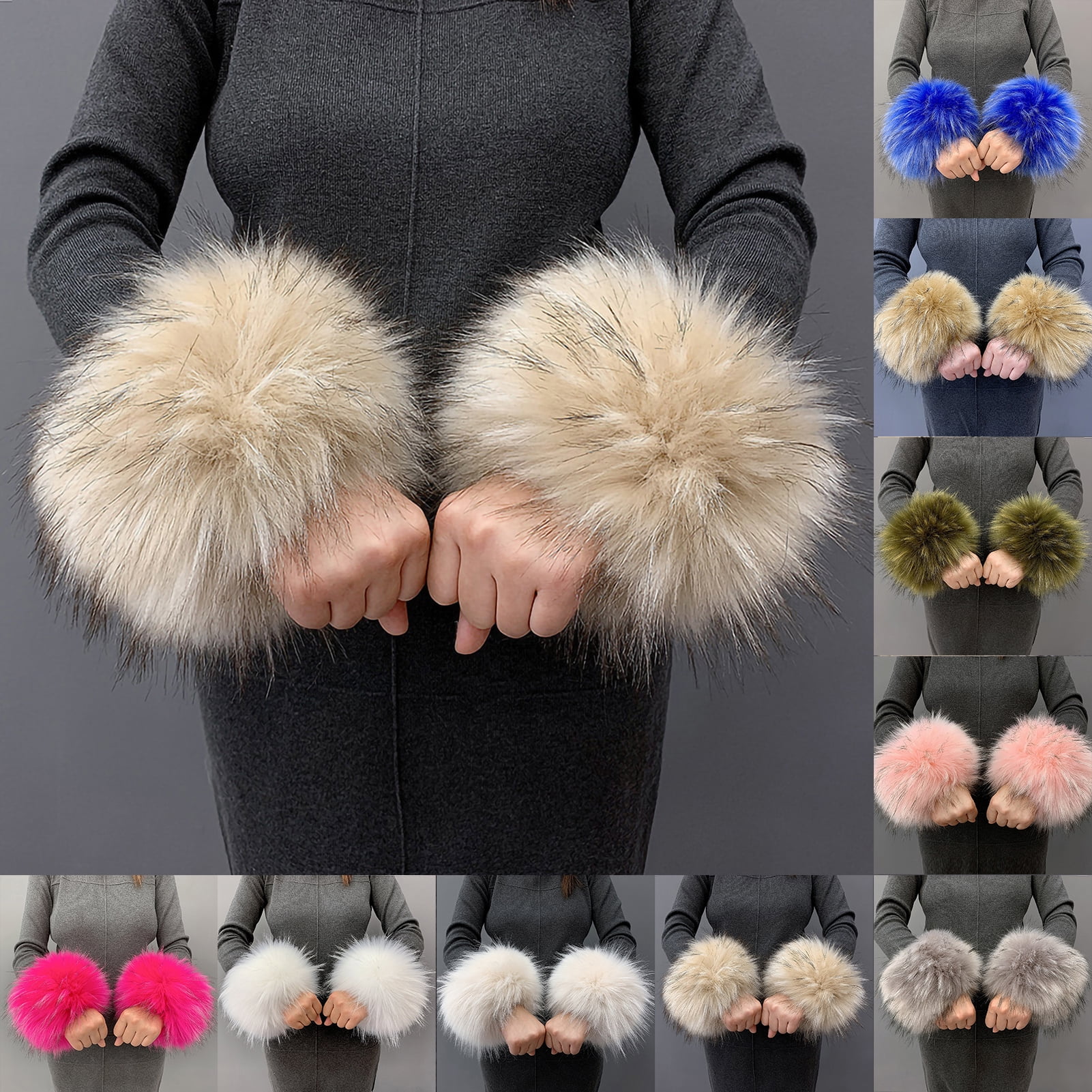 BetterZ 1 Pair Women Cuffs Solid Color Faux Fur Autumn Winter Windproof Fluffy Wristbands for Daily Wear Black White
