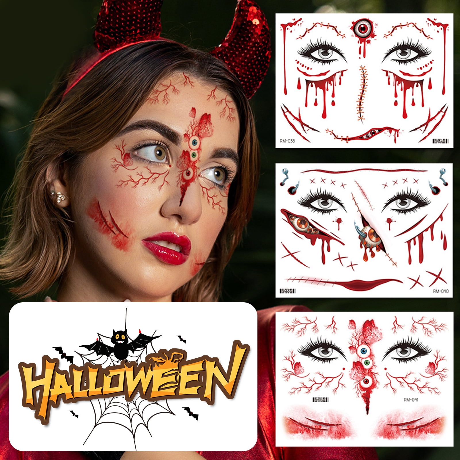 BetterZ Realistic Halloween Face Stickers Waterproof LongLasting Temporary Tattoos for