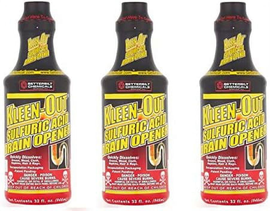 Betterbilt Chemicals KleenOut Sulfuric Acid Drain Opener, 32 Fl Oz (3)