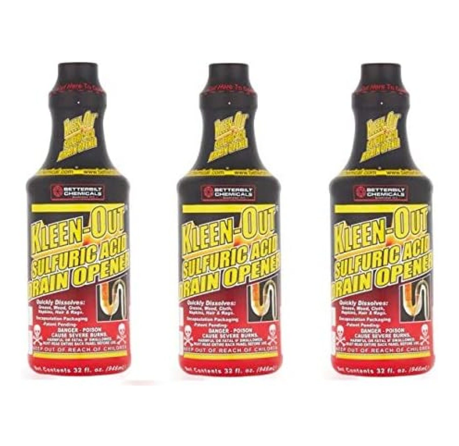 Betterbilt Chemicals KleenOut Sulfuric Acid Drain Opener, 32 fl oz (3)