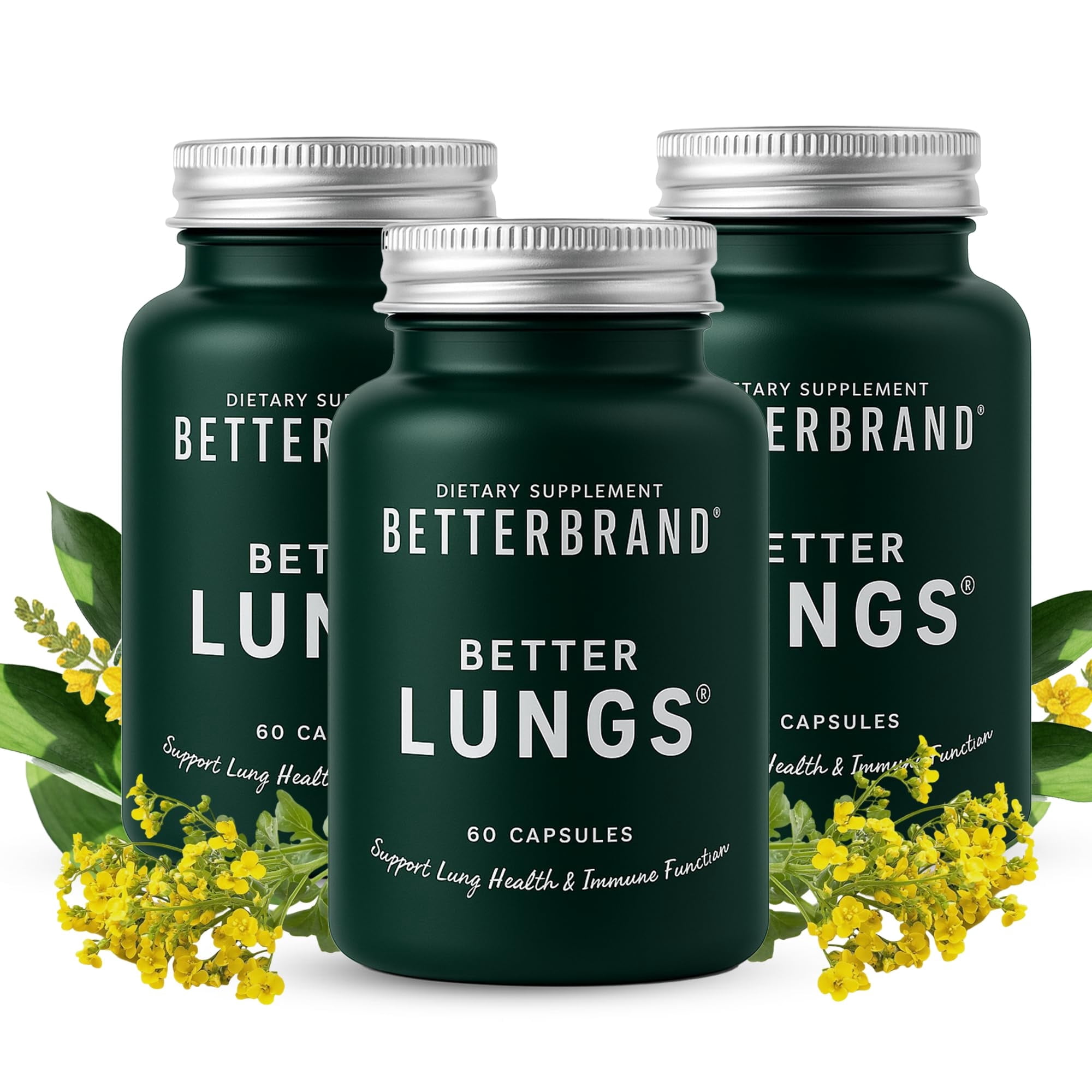 Betterbrand BetterLungs Lung Support Supplement with NAC, Mullein Leaf for Smokers, Respiratory Health Formula with Elderberry, Vitamin D, Ginseng, Reishi Mushroom - 60 Capsules - Pack of 3