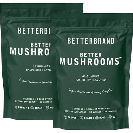 Betterbrand BetterMushrooms Nootropic Gummies - Supports better gut health, cognitive function, mental clarity with 10 functional mushrooms - 60 gummies - Raspberry Flavor - Pack of 2