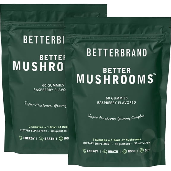 Betterbrand BetterMushrooms Nootropic Gummies - Supports better gut health, cognitive function, mental clarity with 10 functional mushrooms - 60 gummies - Raspberry Flavor - Pack of 2