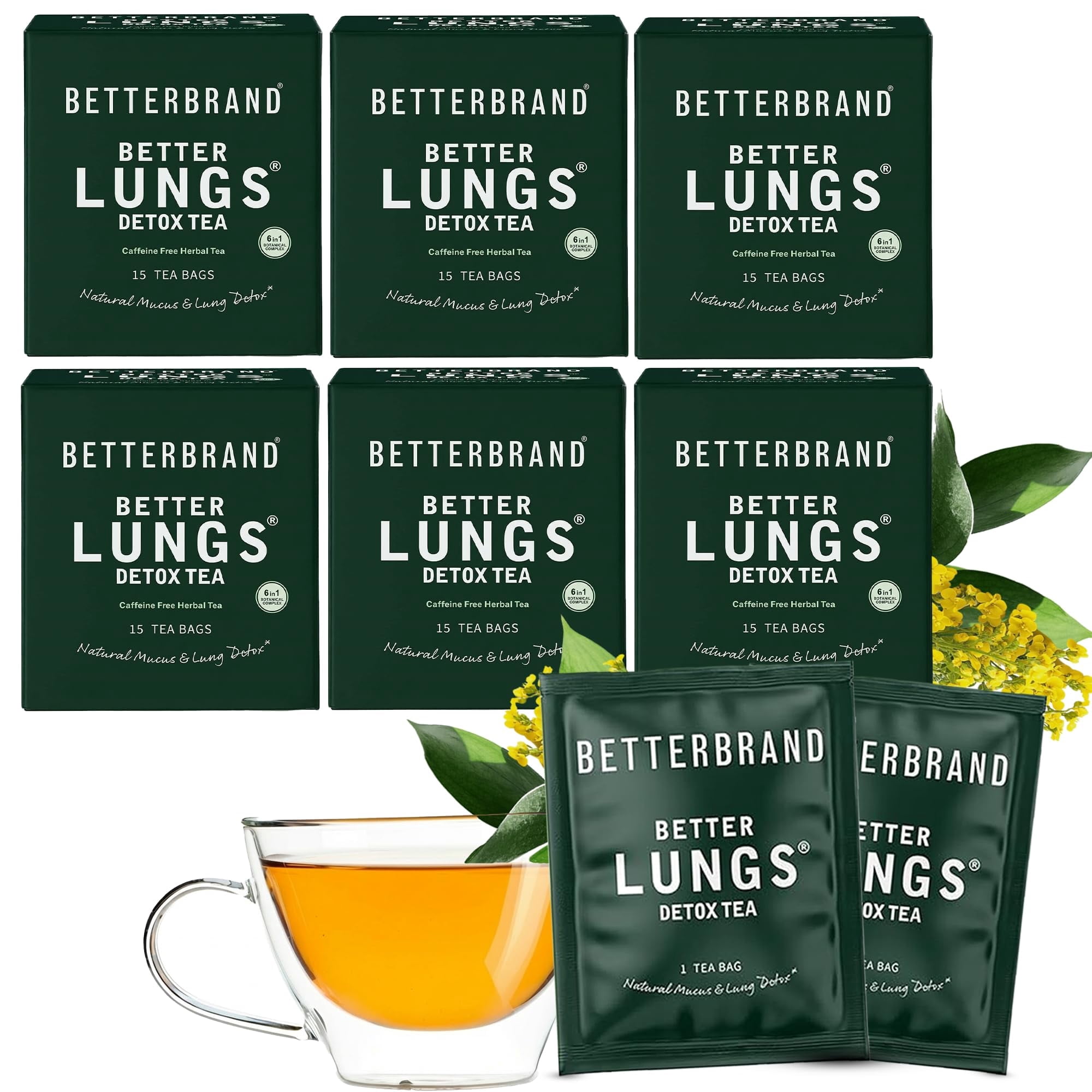 Betterbrand Mullein Tea Bags for Lung Detox - Respiratory Support with Thyme, Elderberry, Ginseng, Ginger, Caffeine Free Herbal Blend - 15 Tea Bags (Pack of 6)