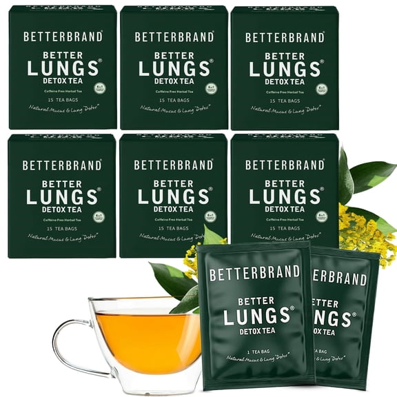 Betterbrand Mullein Tea Bags for Lung Detox - Respiratory Support with Thyme, Elderberry, Ginseng, Ginger, Caffeine Free Herbal Blend - 15 Tea Bags (Pack of 6)