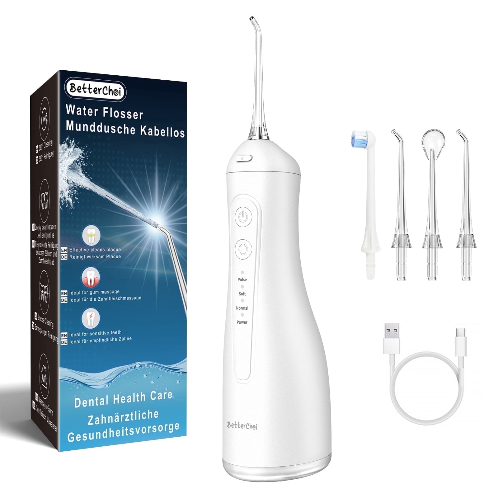 Betterchoi Water Flosser for Teeth, Portable Cordless Water Dental Flosser Teeth Pick – 4 Cleaning Modes, 1800 Pulses, 300ML Tank, IPX7 Waterproof, White