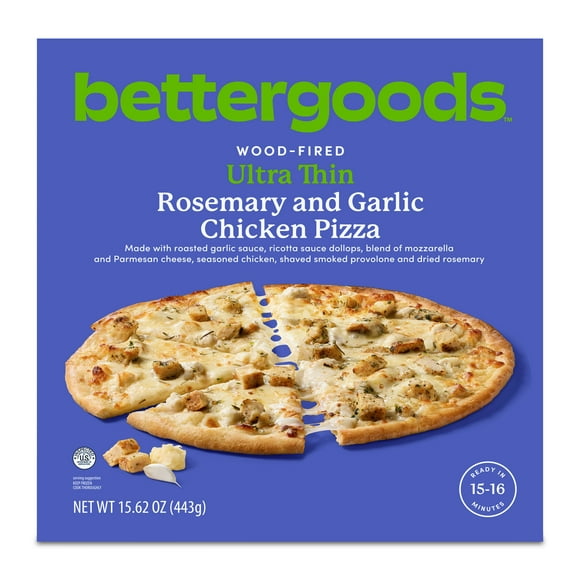 bettergoods Wood-Fired Ultra Thin Roasted Garlic and Rosemary Chicken Pizza, 15.6 oz (Frozen)