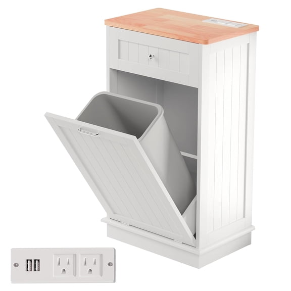 Betterhood Double Tilt Out Trash Cabinet with Power Outlet, 10 Gallon Trash Cabinet with Storage,Pet Proof Trash Can with 2 AC & USB Sockets for Kitchen,Living Room (White, Single Door)