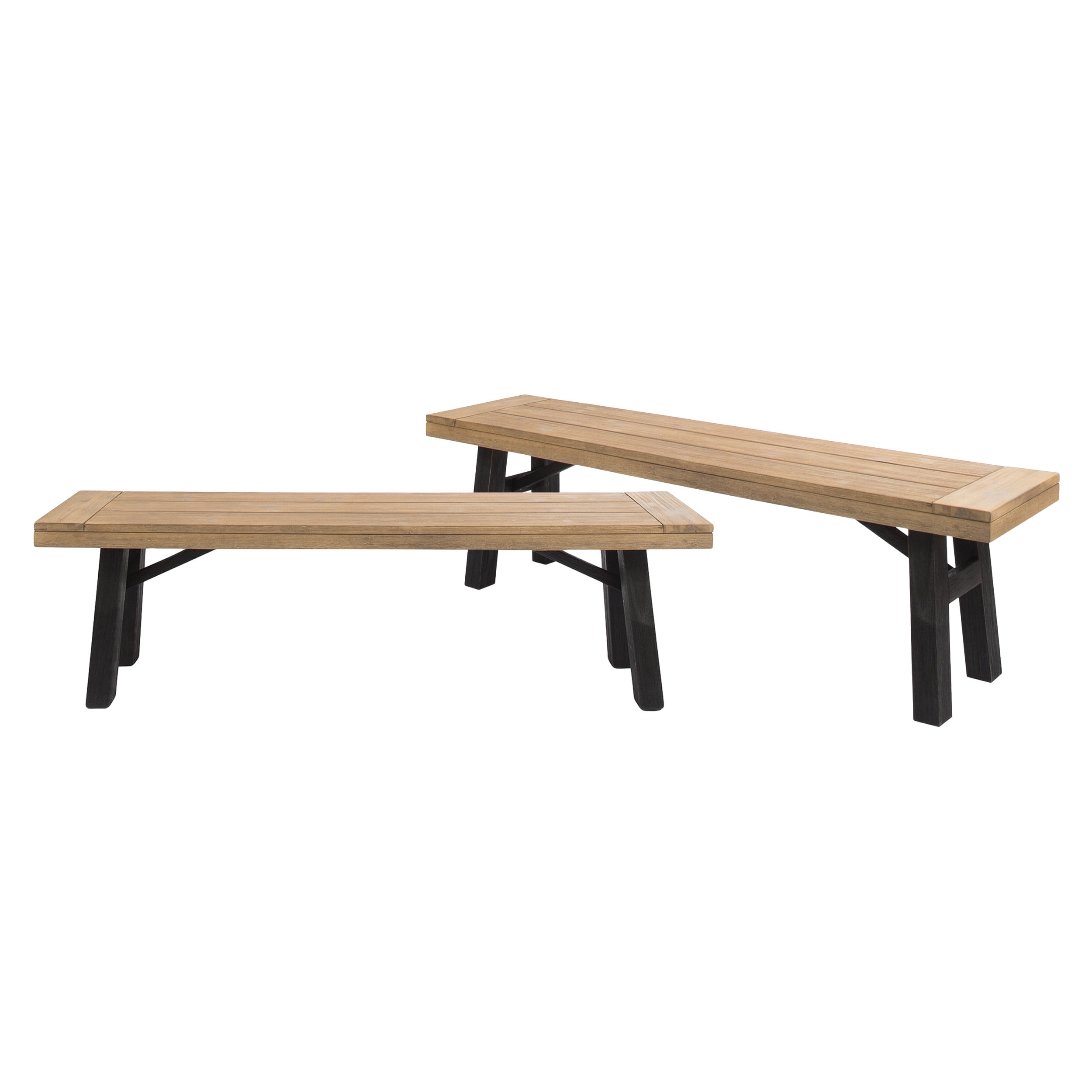 Bettinger Acacia Wood Outdoor Dining Benches, Set of 2, Brushed Gray and Brushed Mahogany