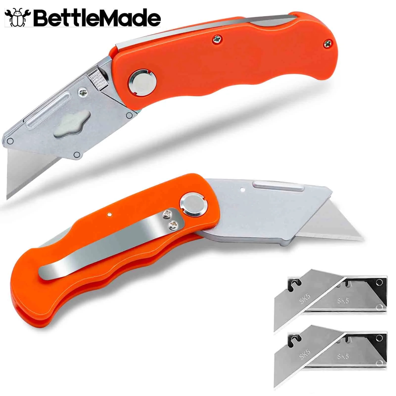 BettleMade 2 Pack Folding Utility Knife,Pocket Box Cutter Knife,Heavy Duty Box Cutter Knife with Clip,Lock Back Design Pocket Knife