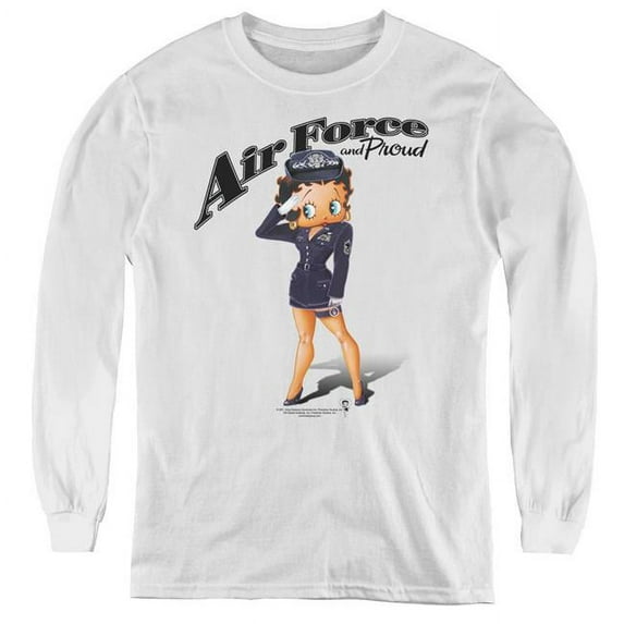 Betty Boop & Air Force Boop-Youth Long Sleeve Tee, White - Medium