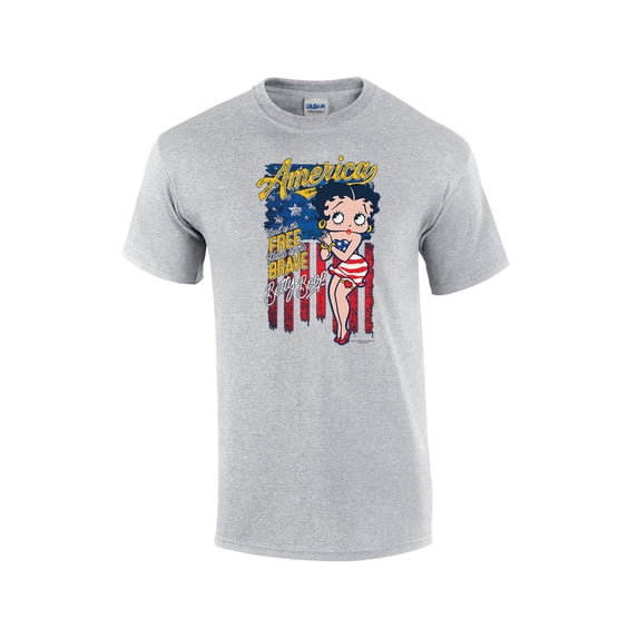 Betty Boop America Land of the Free Home of the Brave Distressed Unisex Short Sleeve T-shirt Graphic Tee Graphic Tee-Sports Grey-large