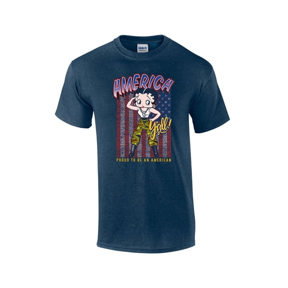 Betty Boop America Y'all Proud American Distressed Unisex Short Sleeve T-shirt Graphic Tee Graphic Tee-Heather Navy-xl