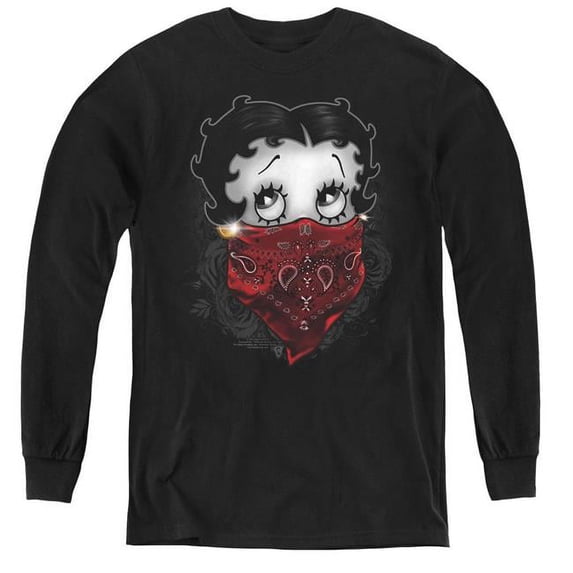 Betty Boop & Bandana & Roses-Youth Long Sleeve Tee, Black - Large