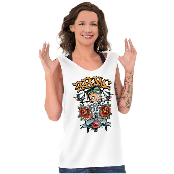 Betty Boop Biker BBMC Roses Tattoo Tank Top Tee Shirt Women Brisco Brands X