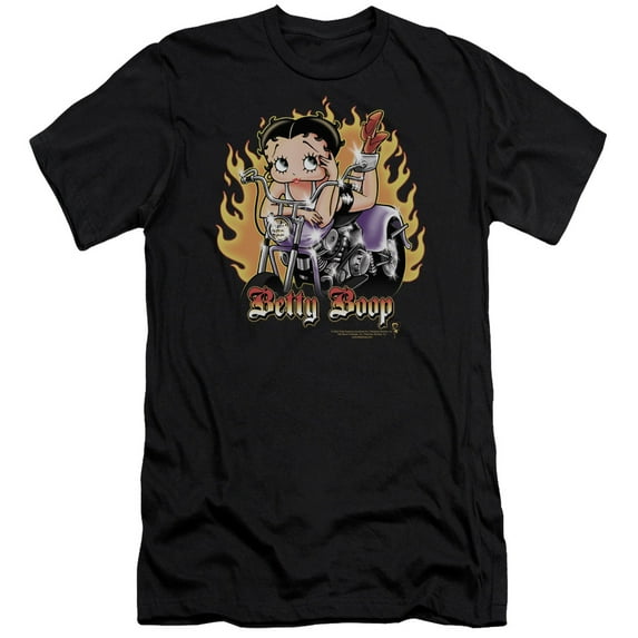 Betty Boop Biker Flames Boop Premium Canvas T-Shirt Adult Slim Fit 30/1 Black