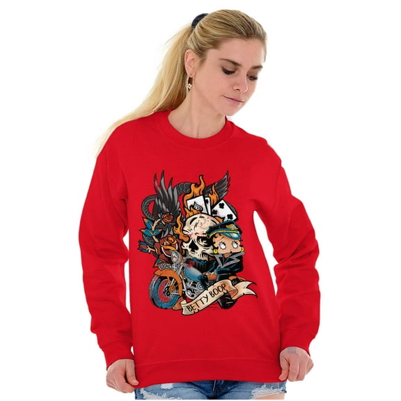 Betty Boop Biker Flaming Skull Tattoo Women Plus Size Sweatshirt Brisco Brands 2X