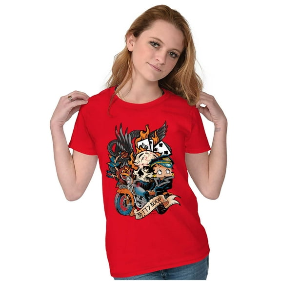 Betty Boop Biker Flaming Skull Tattoo Women's T Shirt Ladies Tee Brisco Brands S
