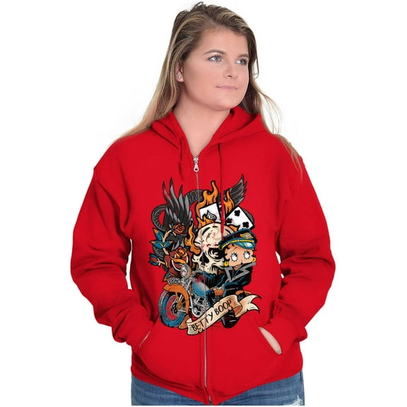 Betty Boop Biker Flaming Skull Tattoo Zip Hoodie Sweatshirt Women Brisco Brands M