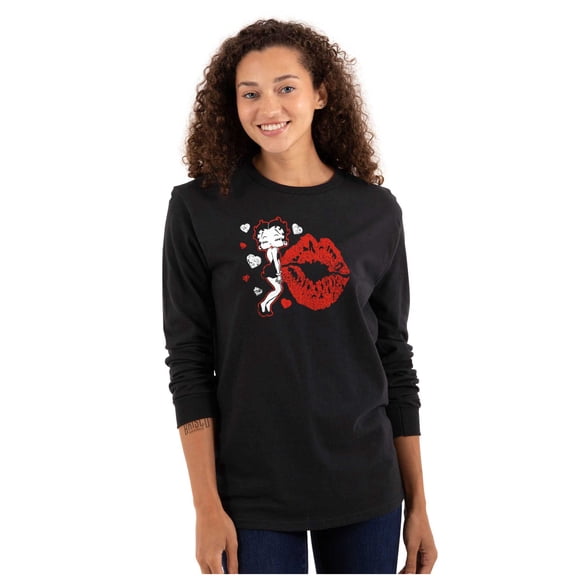 Betty Boop Blowing Kisses Lips Hearts Women Plus Size Long Sleeve Tee Brisco Brands 3X