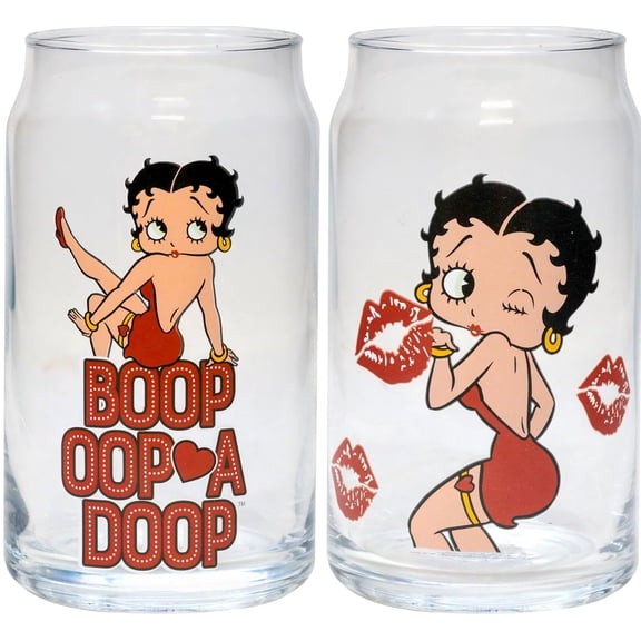 Spoontiques Betty Boop Glass Set - 2 Unique Glasses Per Set in Colorful Decorative Gift Box - 16oz - 5 1/4" Tall