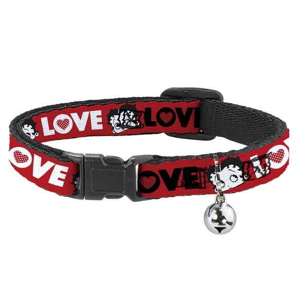 Betty Boop Breakaway Cat Collar With Bell, Plastic Clip, Easy Adjustable, Betty Boop Face and Love Text Red Black White, 8.5 to 12 Inches 0.5 Inch Wide