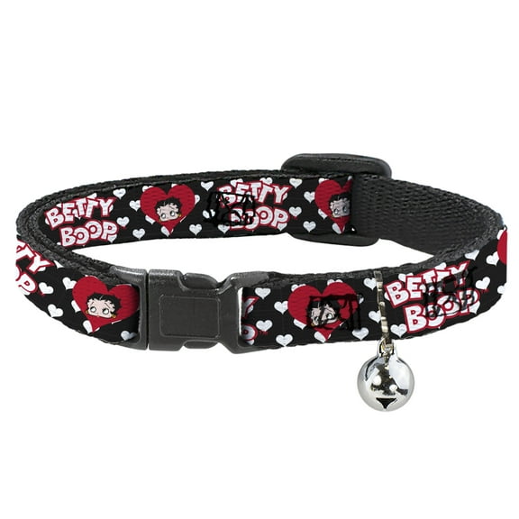 Betty Boop Breakaway Cat Collar With Bell, Plastic Clip, Easy Adjustable, Betty Boop Face and Text Hearts Black White Red, 8.5 to 12 Inches 0.5 Inch Wide