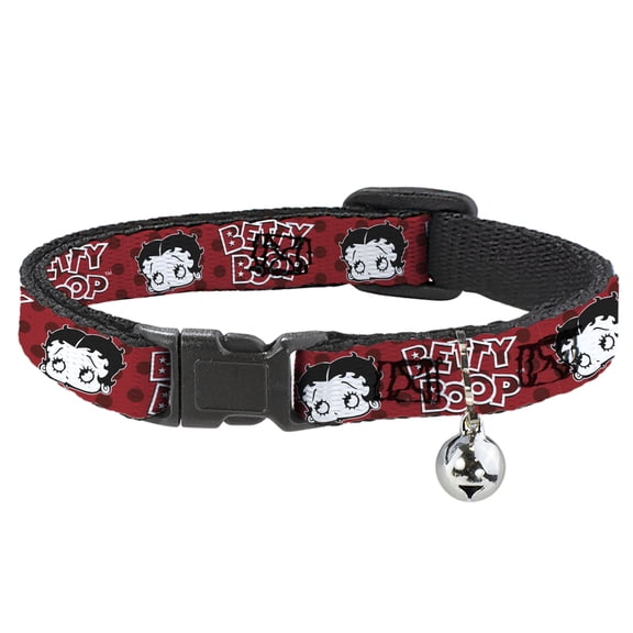 Betty Boop Breakaway Cat Collar With Bell, Plastic Clip, Easy Adjustable, Betty Boop Face and Text Polka Dot Reds Black White, 8.5 to 12 Inches 0.5 Inch Wide