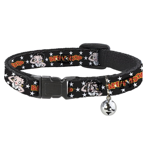 Betty Boop Breakaway Cat Collar With Bell, Plastic Clip, Easy Adjustable, Betty Boop Salute Pose and Text Stars Black White Yellow Red, 8.5 to 12 Inches 0.5 Inch Wide