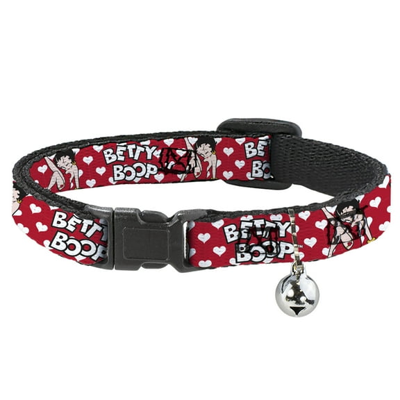 Betty Boop Breakaway Cat Collar With Bell, Plastic Clip, Easy Adjustable, Betty Boop Seated Leg Kick Pose Text Hearts Red White Black, 8.5 to 12 Inches 0.5 Inch Wide