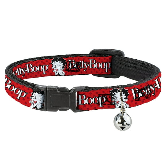 Betty Boop Breakaway Cat Collar With Bell, Plastic Clip, Easy Adjustable, Betty Boop Winking Kiss Pose and Text Reds Black White, 8.5 to 12 Inches 0.5 Inch Wide