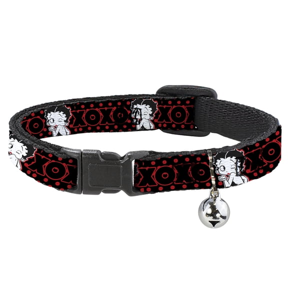 Betty Boop Breakaway Cat Collar With Bell, Plastic Clip, Easy Adjustable, Betty Boop Winking Kiss Pose XOXO Text Polka Dot Black Red, 8.5 to 12 Inches 0.5 Inch Wide