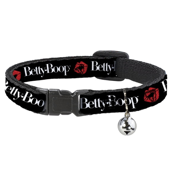 Betty Boop Breakaway Cat Collar With Bell, Plastic Clip, Easy Adjustable, Betty Boop Text and Kiss Black White Red, 8.5 to 12 Inches 0.5 Inch Wide