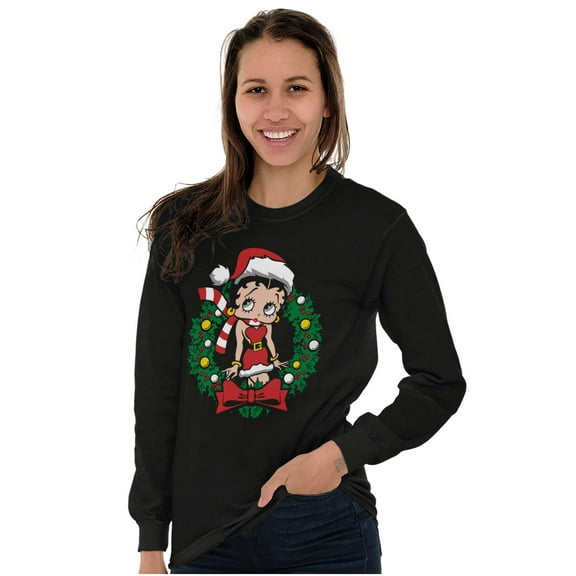 Betty Boop Christmas Santa Wreath Women's Long Sleeve T Shirt Brisco Brands S