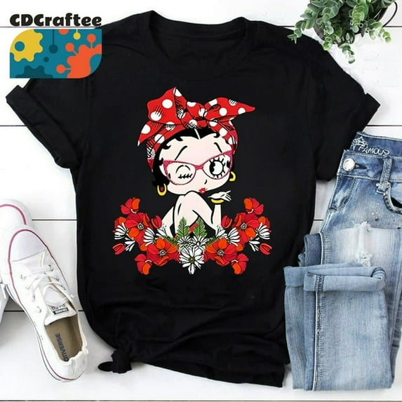 Betty Boop Flower T-Shirt, Unisex Short Sleeve Shirt, Size S-5XL,Navy Color,Size 2XL