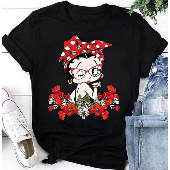 Betty Boop Flowers T-Shirt, Betty Boop Shirt For Women ,Black Color,Size XL