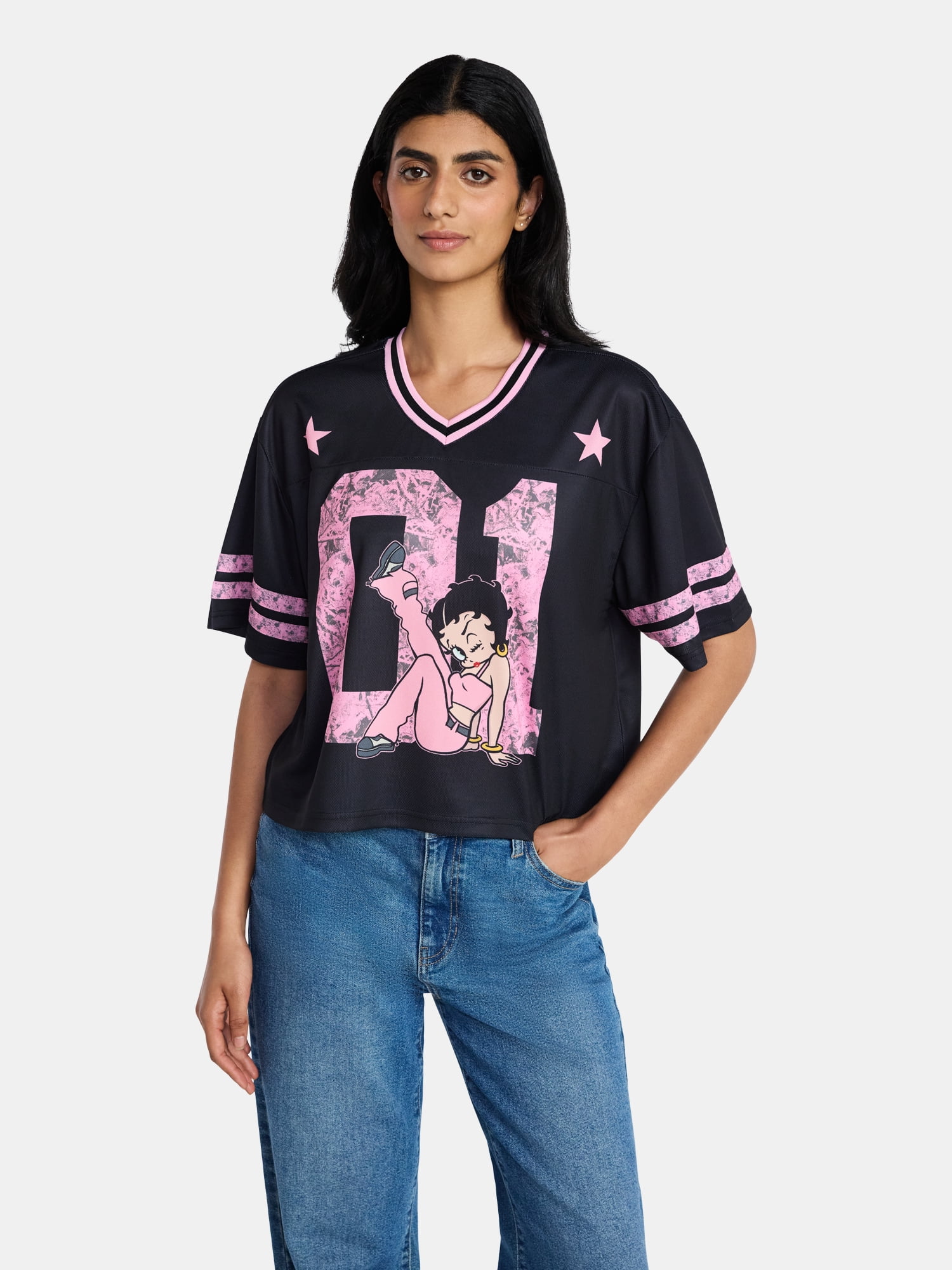 Betty Boop Women's and Women's Plus Graphic Cropped Football Jersey Top, Sizes XXS-4X