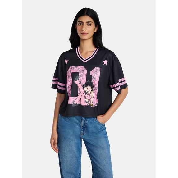 Betty Boop Women's and Women's Plus Graphic Cropped Football Jersey Top, Sizes XXS-4X