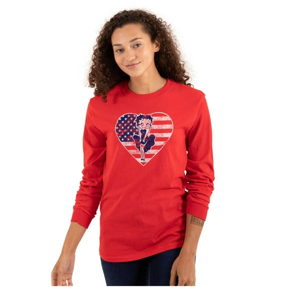 Betty Boop Heart Patriotic Vintage Women Plus Size Long Sleeve Tee Brisco Brands 2X